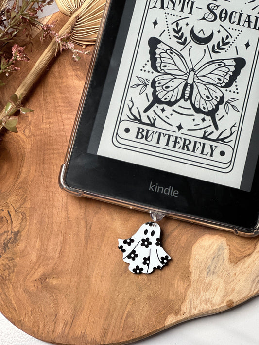 Kindle / kobo flowery ghost | Bookish | kindlecharm | Boekachtig cadeau | Kindle-accessoires | kindleaccessoires | USB-C-stekker | gift